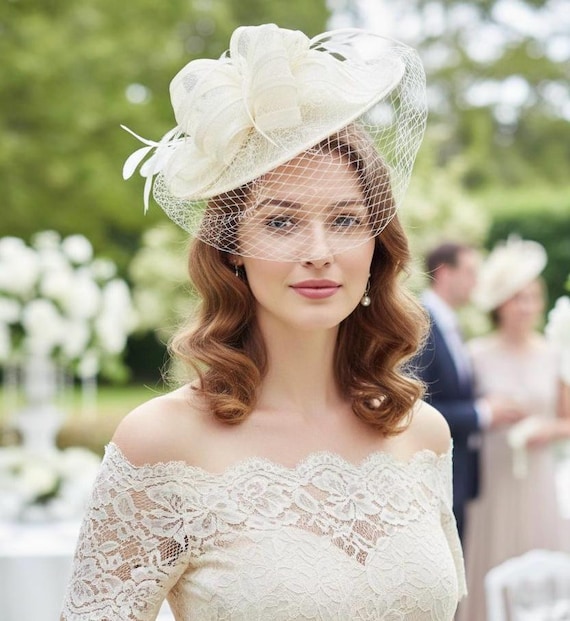 Ivory Sinamay Fascinator Hat: Feather & Net Derby Hat - Etsy