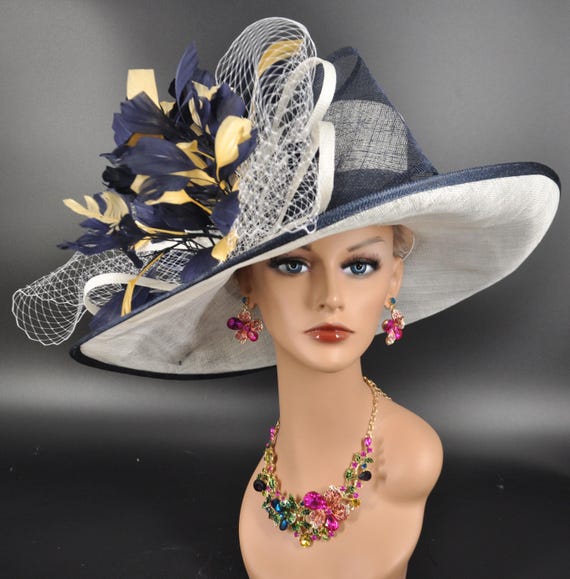 Sinamay Derby Hat: White, Navy Blue & Gold Feathered Church  display picture 3