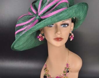 Fuchsia Pink and Green Derby Style Hat With Lime Green  display picture 1