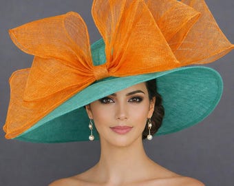 Kentucky Derby Hat Wide Brim Sinamay, Statement Bow Hat, Ascot Race Day Horse Racing Hat  Tea Party Garden Party Hat Green Orange