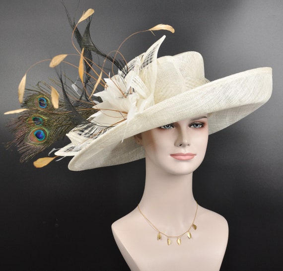 Ivory Sinamay Derby Hat: Wide Brim With Peacock Feathers - Etsy display picture 2