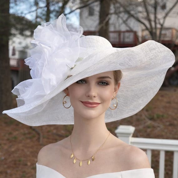 White Silk Flower Wide Brim Sinamay Hat for Kentucky Derby  display picture 2
