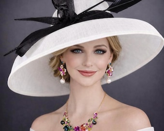Weiß Schwarzer Audrey Hepburn Stil Hut, Kentucky Derby Hut, Ascot Royal Hut, Teehochzeit Gartenparty Hut, Kirche
