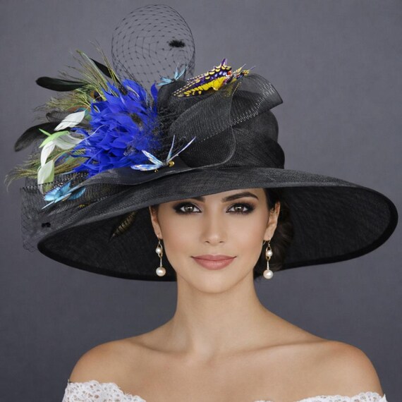 Black Pink Women Kentucky Derby Hat Jeweled Flower Royal Blue Feather Wide Brim Navy Pink Wide Brim Womens Kentucky Derby Hat: Jeweled  main image 3