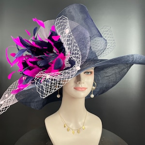 Navy Blue w Hot Pink Baby Pink Feather Flower 4 Jumbo Bows Kentucky Derby Hat, Church Hat, Wedding Hat, Tea Party Hat Wide Brim Sinamay  Hat
