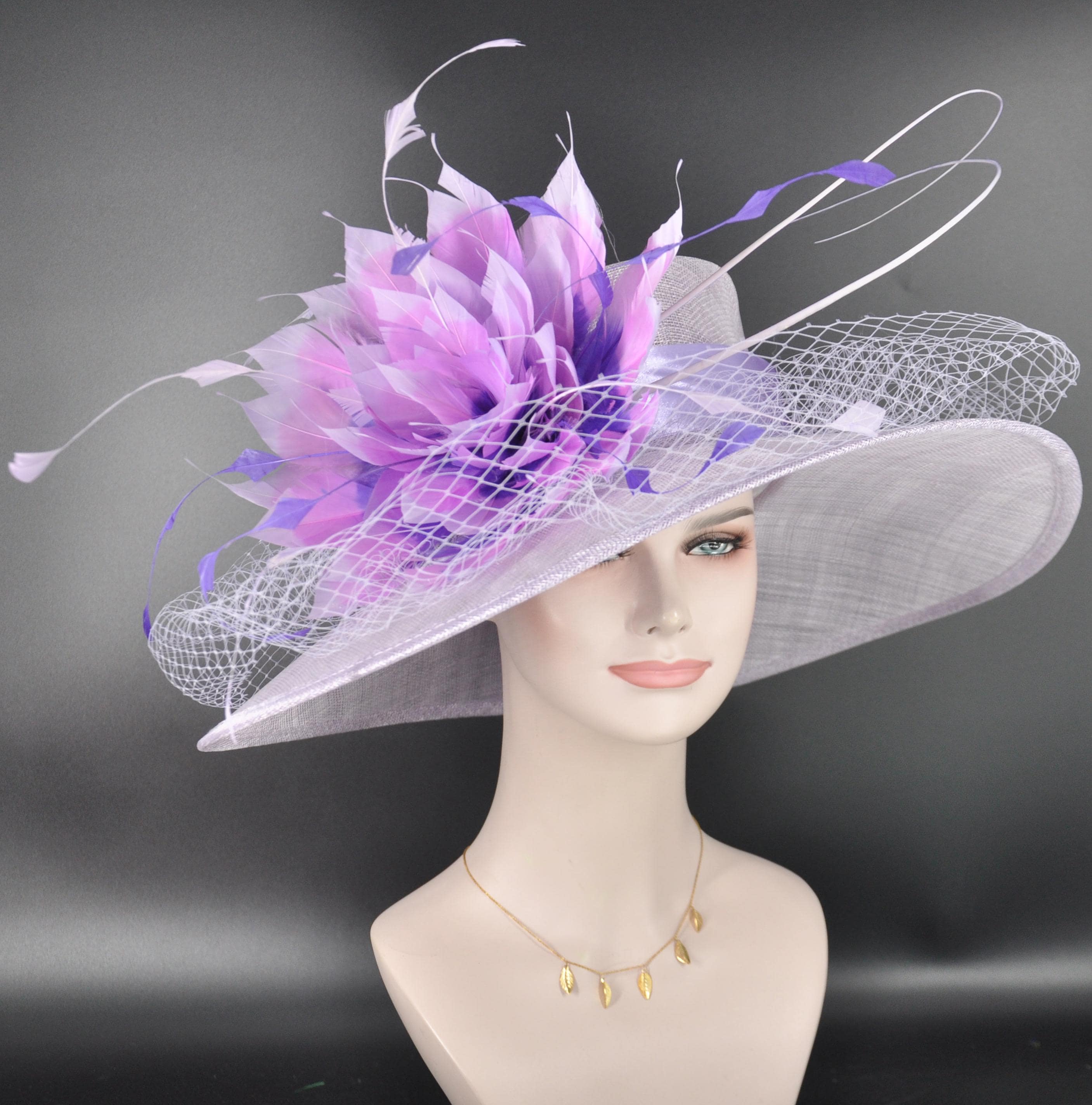 Lilac Lavender Feather Flower Wide Brim Kentucky Derby Hat  display picture 2