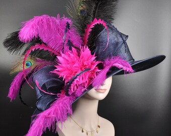 Navy Blue Feather Flower Peacock Royal Ascot, Oaks day hat, Carriage, Tea Party ,Wedding, Kentucky Derby Hat Party Hat Ostrich Feather