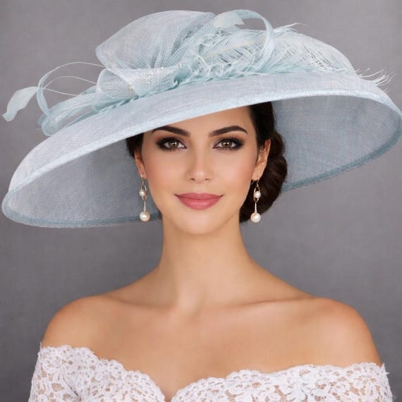 Powder Blue Sinamay Wide Brim Hat: Rhinestone Bow, Ostrich  display picture 3