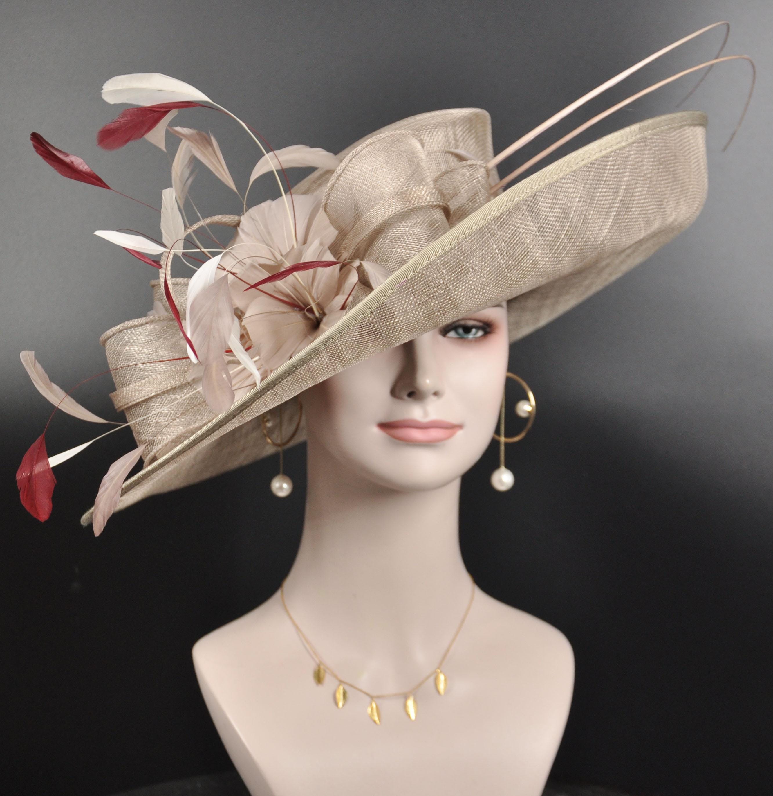 MissRaceKentuckyHat Church Kentucky Derby Hat Carriage Tea Party Wedding Wide Brim Woman s Hat in Solid Sinamay Hat Taupe Burgundy Ivory More Colors Options