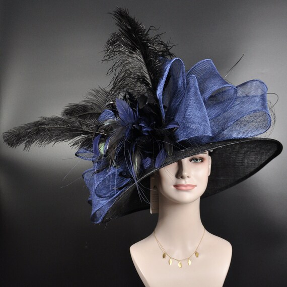 Navy Blue & Black Wide Brim Derby Hat, Kentucky Derby Party  display picture 3