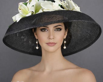 Derby Hat: Audrey Hepburn Style Black Sinamay Wide Brim with Orchids