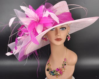 Baby Pink Fuchsia Pink Flower Wide Brim Kentucky Derby Hat  display picture 3
