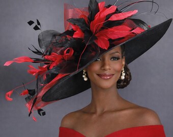 Red Organza Kentucky Derby Hat: Feather Flower & Large Bow  display picture 1