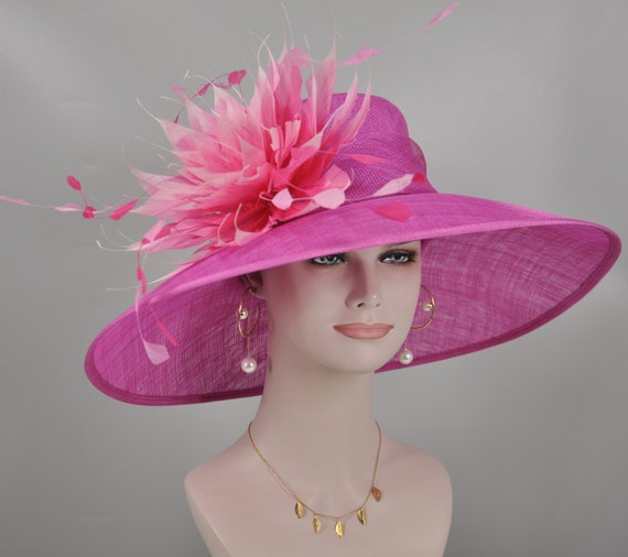 Fuchsia Feather Flower Wide Brim Kentucky Derby Hat,ascot  display picture 2
