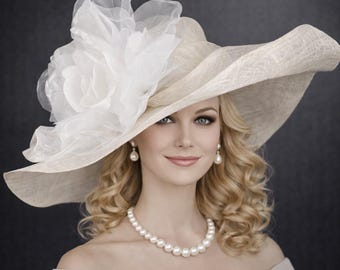 Cappello Sinamay Kentucky Derby, tesa larga bianca, fiore di seta nero - Italia