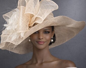 Beige Organza Kentucky Derby Hat Polka Dot Beige Bow Dress  display picture 3