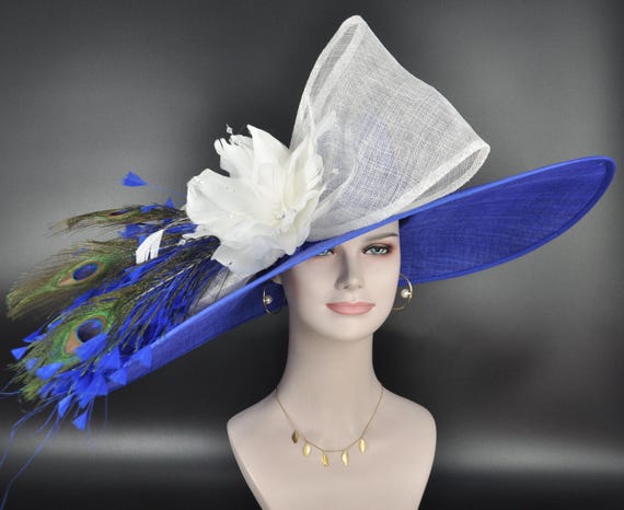 Estate Royal Blue Kentucky Derby Wide Brim Hat Mesh Floral Feather Wide Brim Sinamay Kentucky Derby Hat, Royal Blue Feather  main image 2