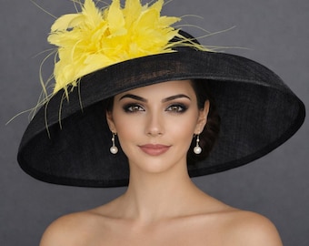 Schwarz Gelb Feder Sinamay Hut mit breiter Krempe für Kentucky Derby, Ascot Racing Hut, Eleganter Hochzeitsgast Hut, Hut für die Brautmutter