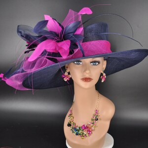 Church Kentucky Derby Hat Carriage Tea Party Wedding Wide Brim Sinamay Hat Navy Blue Fuchsia  Pink