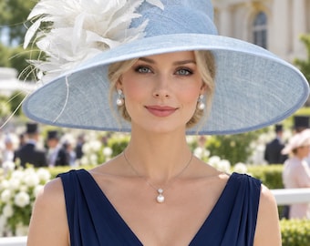 Powder Blue Ivory Feather Flower Wide Brim Kentucky Derby Hat,Ascot Hat for Wedding Tea Party, Garden Party Hat, Mother of the Bride, Church