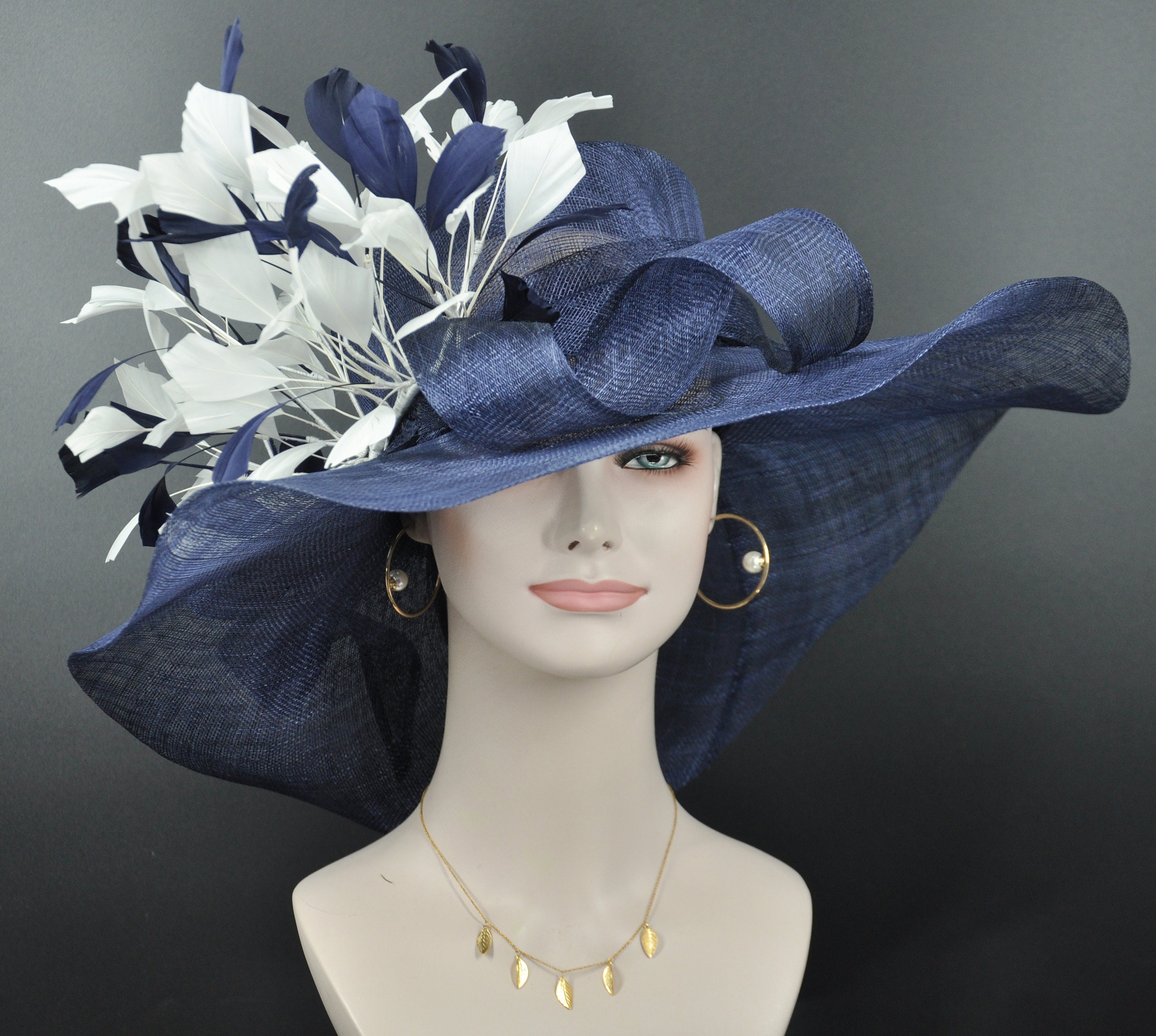 Navy Blue Sinamay Derby Hat: Feather Flower Wide Brim - Etsy