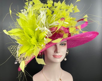 Hot Pink w Ivory lime Green Feather Flowers  Kentucky Derby Hat , Tea Party Carriage Party  3 Layers Wide Brim Sinamay Hat