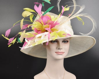 Ivory/Off White w Lime Green Hot Pink Kelly Green Yellow Wide Brim Sinamay Hat Church Kentucky Derby Hat Tea Party Wedding Hat Horse Race