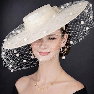Off White/Ivory Wide Brim Fascinator Hat with Veil 18 Inch Sinamay Ascot Hat for Wedding Race Day Mother of the Bride
