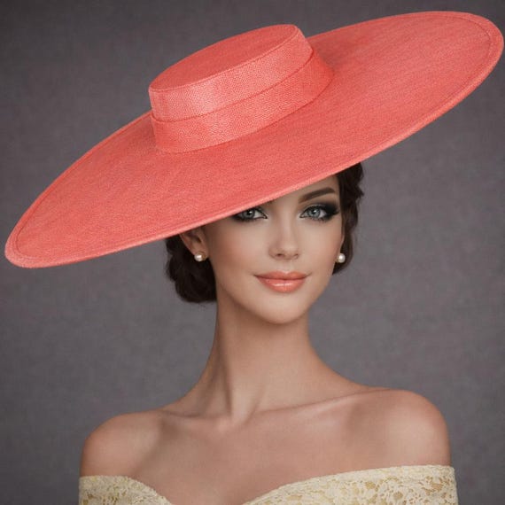 Coral Pink/water Melon Color Wide Brim Sinamay Fascinator  display picture 2