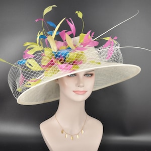 Wide Brim Sinamay Hat Church Kentucky Derby Hat Carriage Tea Party Wedding Royal Ascot Oaks day hat Off White Lime Green Hot Pink Teal Blue