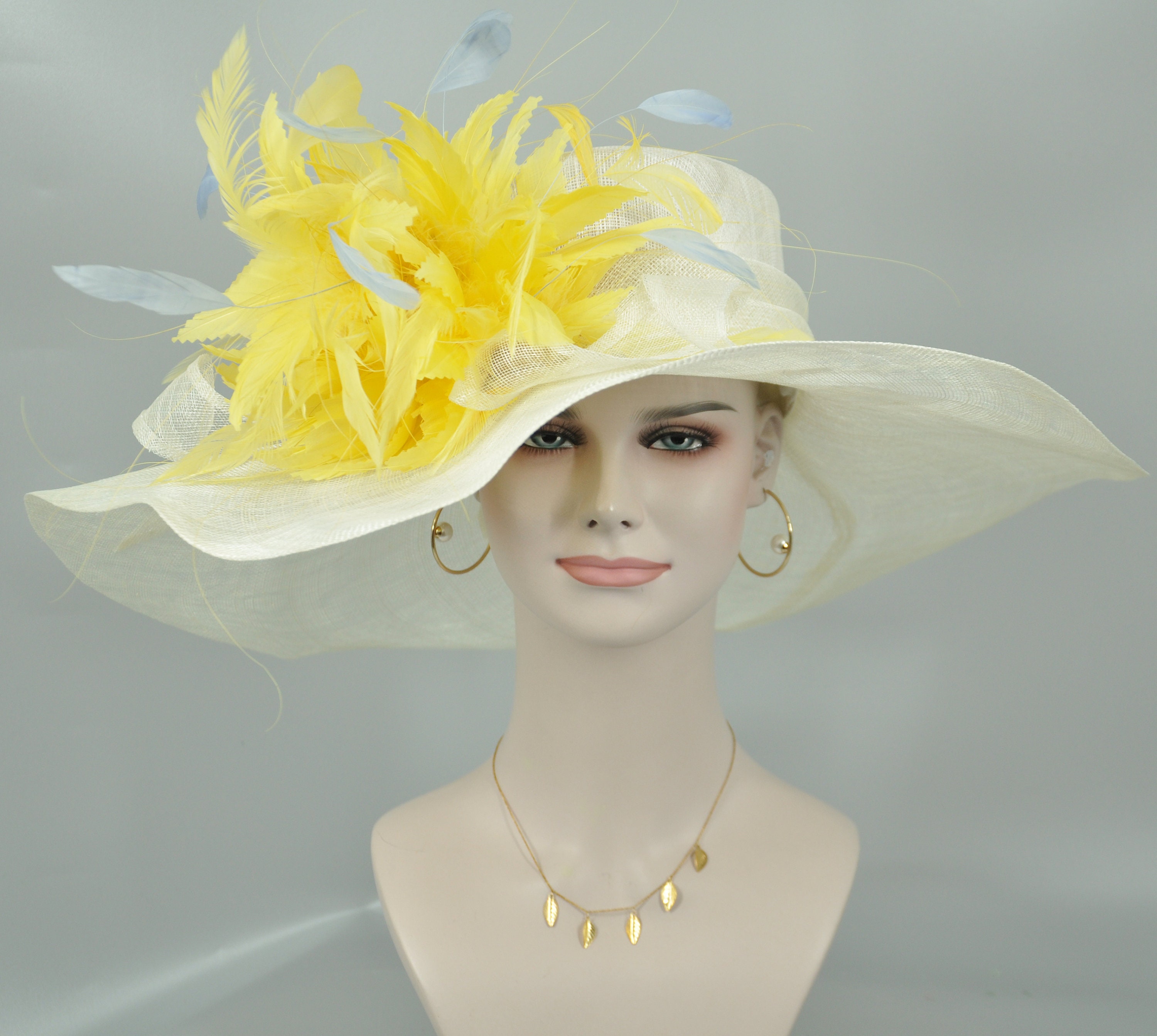 Off White/ Ivory W Yellow Powder Blue Feather Flower