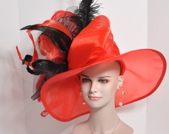 Kentucky Derby hat, wide brim straw hat, burgundy ostrich feather vintage style Wide Brim Kentucky Derby Hat, Ascot Hat for Wedding & Tea  main image 3