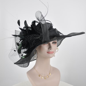 Black Kentucky Derby Hat, Church Hat, Wedding Hat Easter Hat Tea Party Hat  W Jumbo  Feather Flower Crin Netting Ribbon