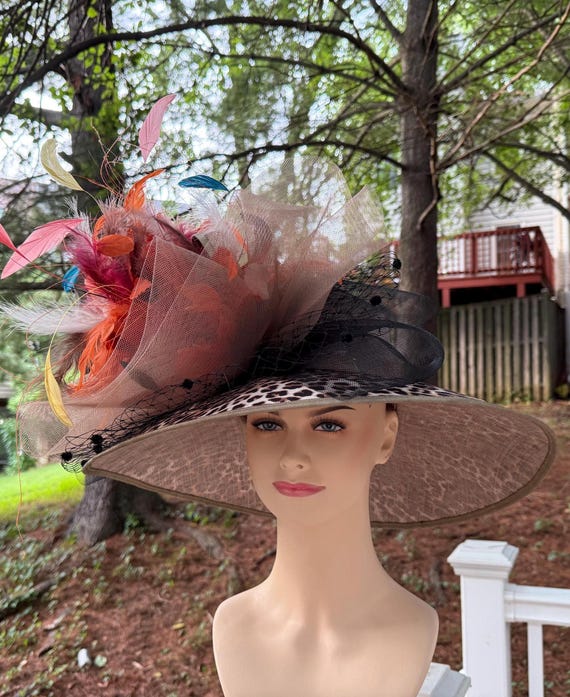 Taupe Leopard Orange Pink Wide Brim Kentucky Derby Hat  display picture 1