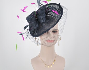 Navy Sinamay Fascinator Hat: Derby Race Feathered Headband