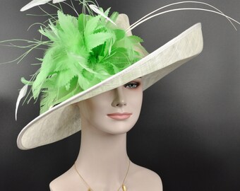 Ivory( Off white) Wide Brim Sinamay Hat w Apple Green Flower  Kentucky Derby Hat Tea Party Carriage Party  3 Layers