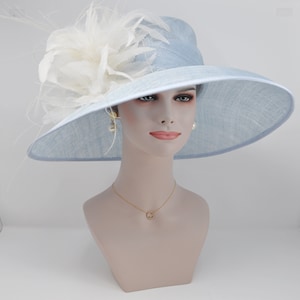 Powder Blue with Ivory Feather Flowers  Kentucky Derby Hat Tea Party Carriage Party  Royal AscotWide Brim  Sinamay Hat