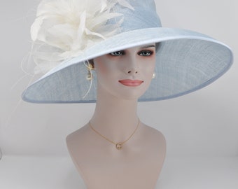 Powder Blue with Ivory Feather Flowers  Kentucky Derby Hat Tea Party Carriage Party  Royal AscotWide Brim  Sinamay Hat