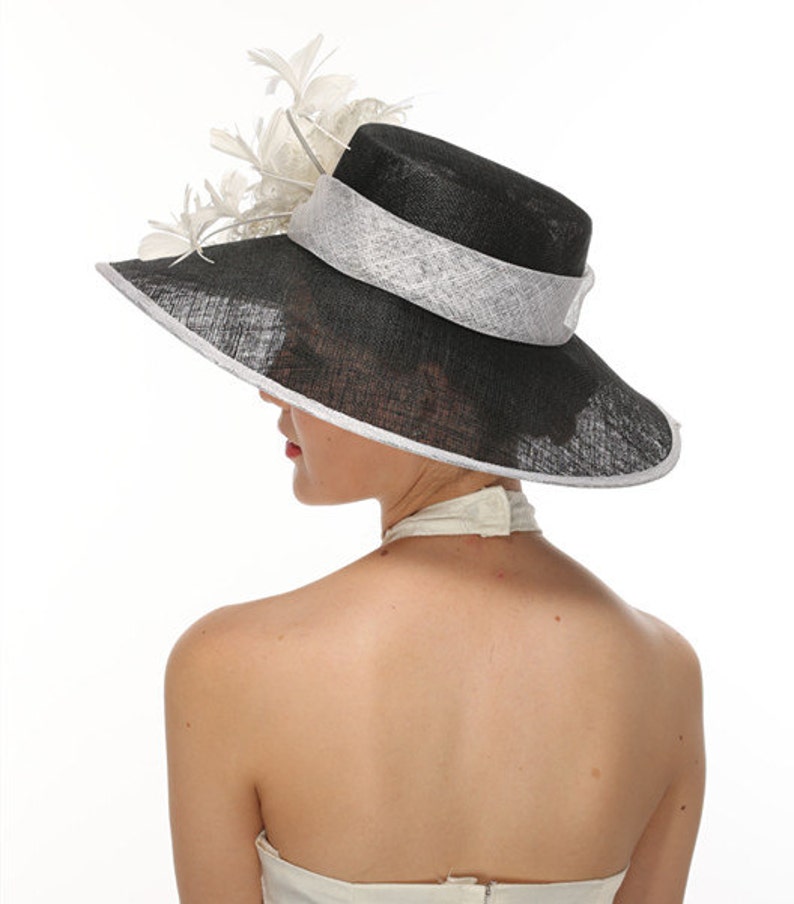 Black with White 3 Layers Kentucky Derby Hat, Church Hat, Wedding Hat, Easter Hat, Tea Party Hat zdjęcie 3