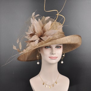 Church Kentucky Derby Hat Carriage Tea Party Wedding  Jumbo Feather Flowers and Ostrich  Quills (Taupe+ more colors)