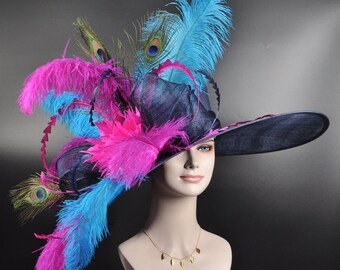 Navy Blue Teal Blue Fuchsia Feather Flower Peacock  Oaks day hat, Carriage, Tea Party ,Wedding, Kentucky Derby Hat Party Hat Ostrich Feather