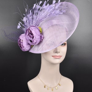 Lavender Sinamay Disc Fascinator Hat with  Jumbo Goose Feather Flower Peony Flowers 15 colors available