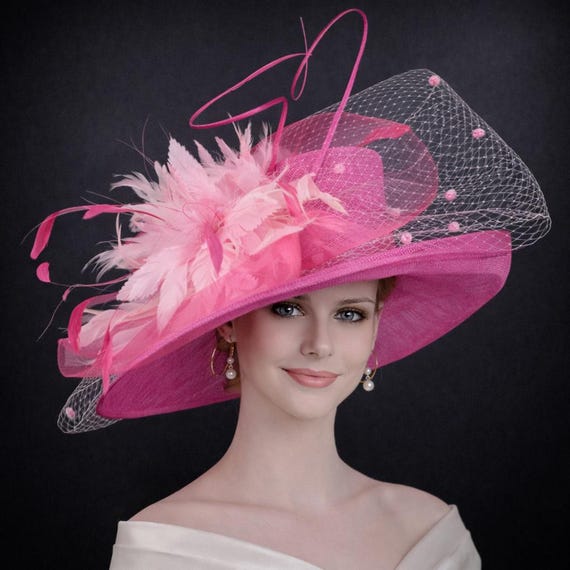 COPY - Pink Feather flower kentucky derby hat wide brim Ivory Derby Hat, Pink Feather Flower, Wide Brim - Etsy main image 2