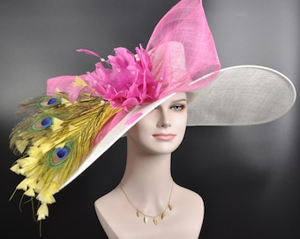 White +Hot Pink Yellow Royal Ascot Horse Race Oaks day hat Carriage Tea Party Wedding Kentucky Derby Hat Party Hat Wide Brim Sinamay Hat