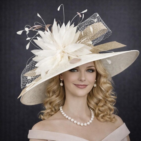 Hats by Katie Couture Sinamay Kentucky Derby Wedding Hat Taupe Brown Feather Hats by Katie main image 4