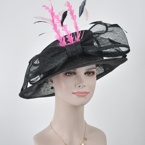 Wide Brim Kentucky Derby Floppy Sinamay Hat With Flowers  Millinery Church  Hat Black W Pink Pale Pink Black Feathers