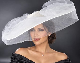 White Extra Wide Brim Sinamay Fascinator Hat, Royal Ascot Wedding Race Day Hat, Kentucky Derby Mother of the Bride Headpiece