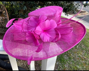 Church Kentucky Derby Hat Carriage Tea Party Wedding Wide Brim Woman's Royal Ascot Hat in Solid Sinamay Hat Hot Pink/ Fuchsia