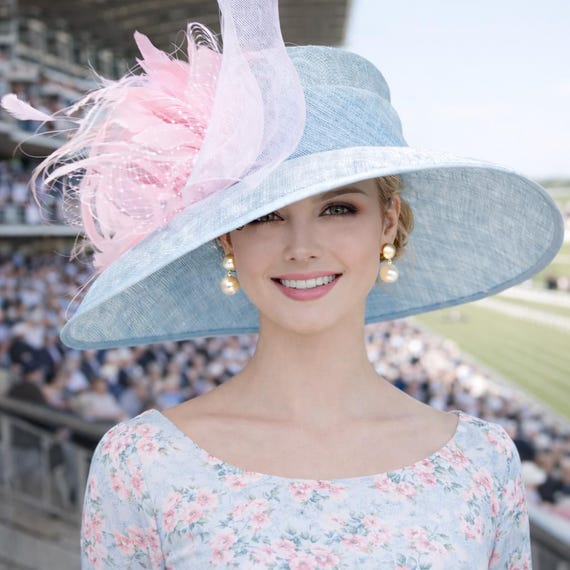 Powder Blue Baby Pink Wide Brim Kentucky Derby Hat, Ascot  display picture 3