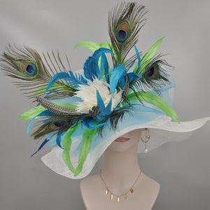 White Wide Brim Sinamay Hat Kentucky Derby Hat w Teal Blue White Green Turkey Peacocks Feather Flower Kentucky Derby Wedding Hat, Easter Hat